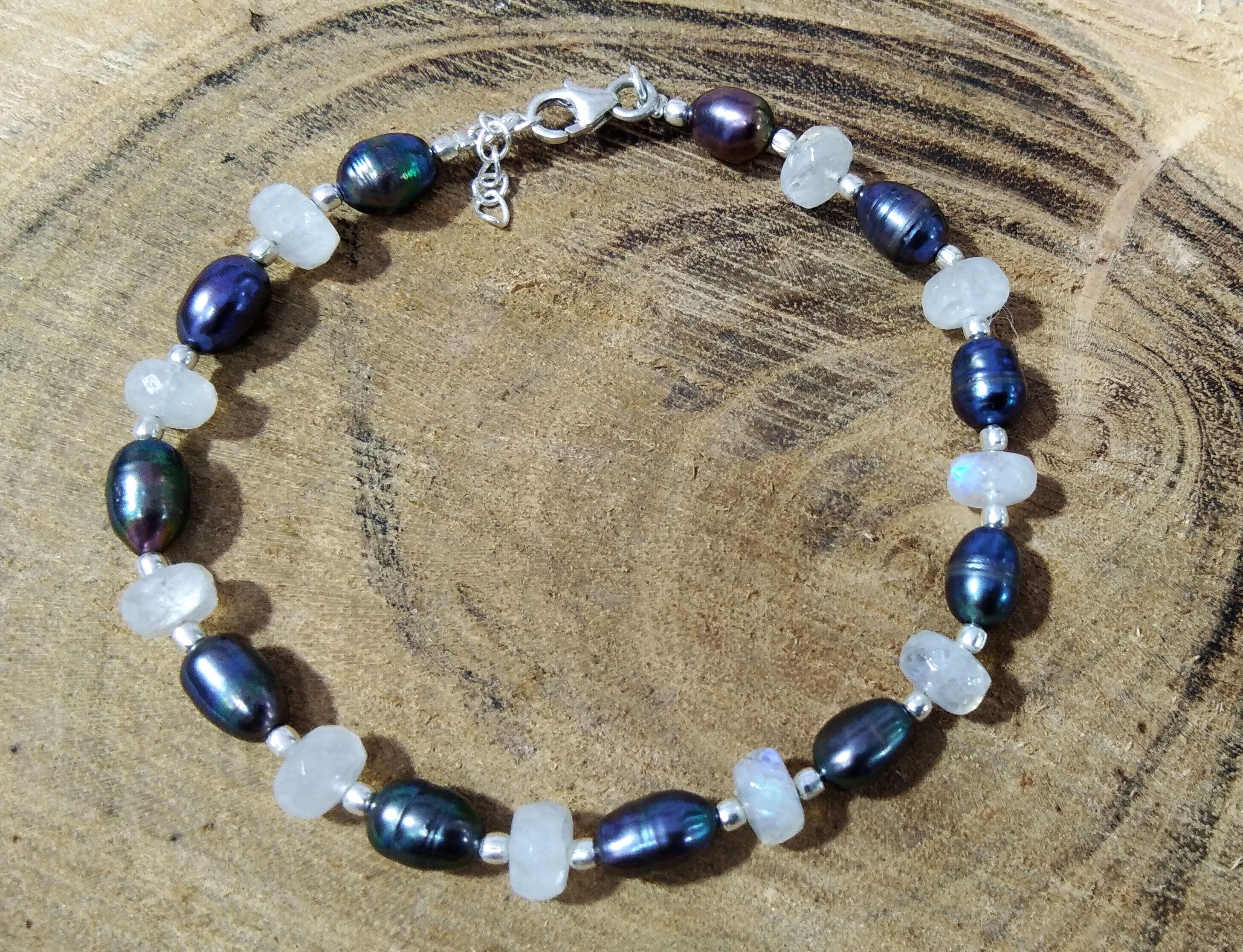 Rainbow Moonstone & Grey Pearl Adjustable Bracelets, Natural Gemstone With 925 Silver Jewelry, Wedding Bracelet, Bridesmaid Gift For Women